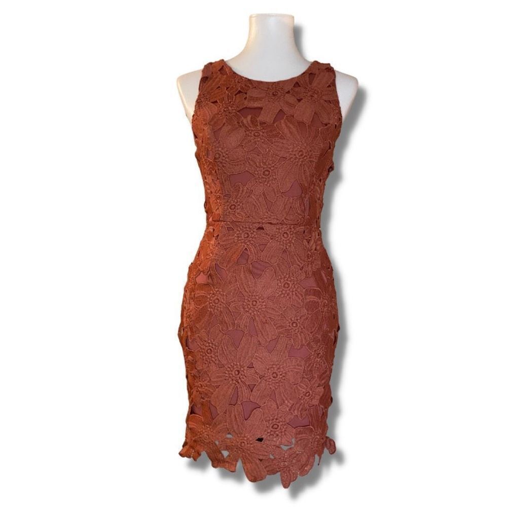ASTR The Label Womens Mini Dress Bodycon Lace Sleeveless Brown Size Extra Small
